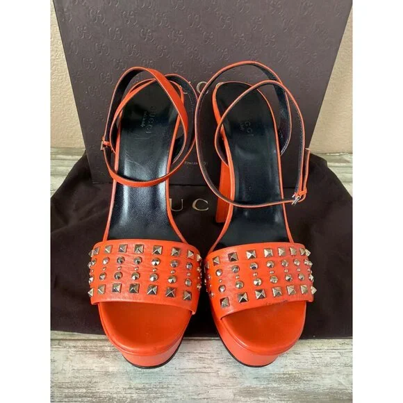 Gucci Malaga Kid Orange Leather Studded Platform Heels EU 40 Box Dust Bag w/COA - Picture 4 of 16